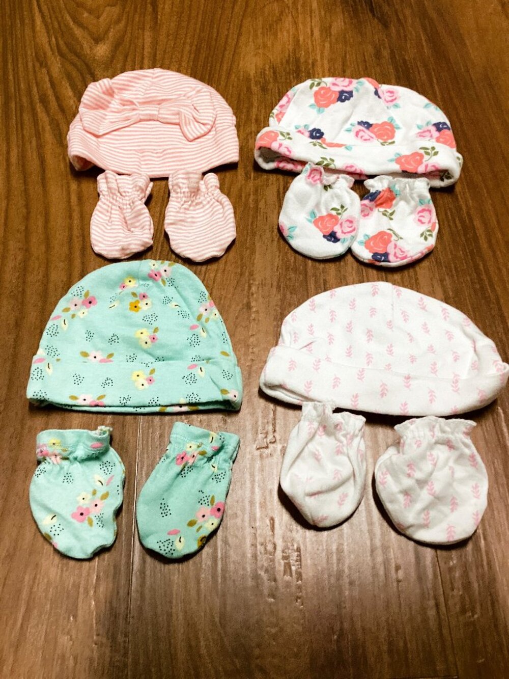 Newborn Baby Girl Hat & Mitten Sets. All Are 100% Cotton.